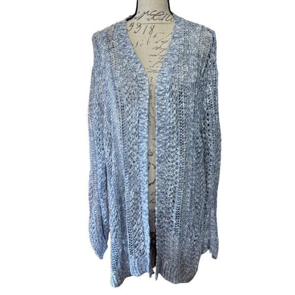 Front of Blue knitted cardigan on a mannequin against a white background