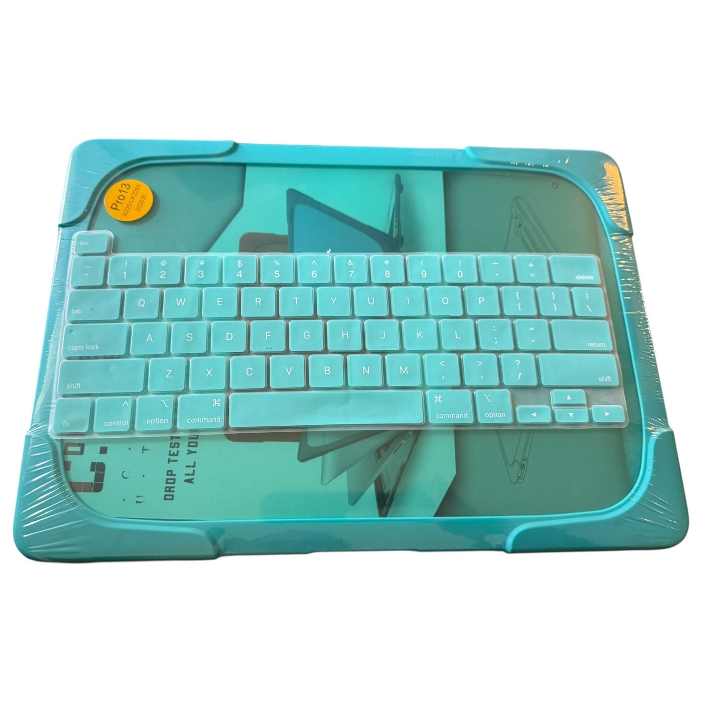 A translucent light blue silicone keyboard cover designed for an laptop, shown on a white background with its protective plastic wrapping still on.