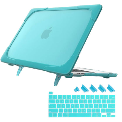 A turquoise protective laptop case shown open on a stand, with a matching keyboard cover and six small protective pad pieces displayed below on a white background.