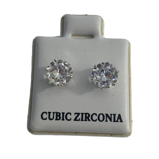 A pair of round-cut cubic zirconia stud earrings displayed on a white square jewelry card labeled 'CUBIC ZIRCONIA' against a plain white background.