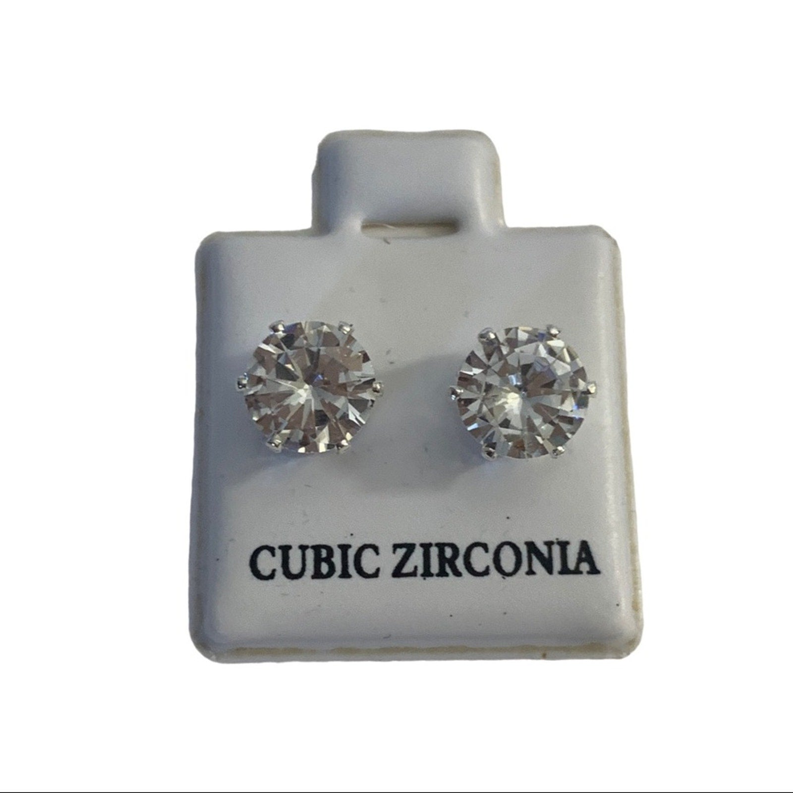 Cubic zirconia earrings on a display card with 'Cubic Zirconia' text.