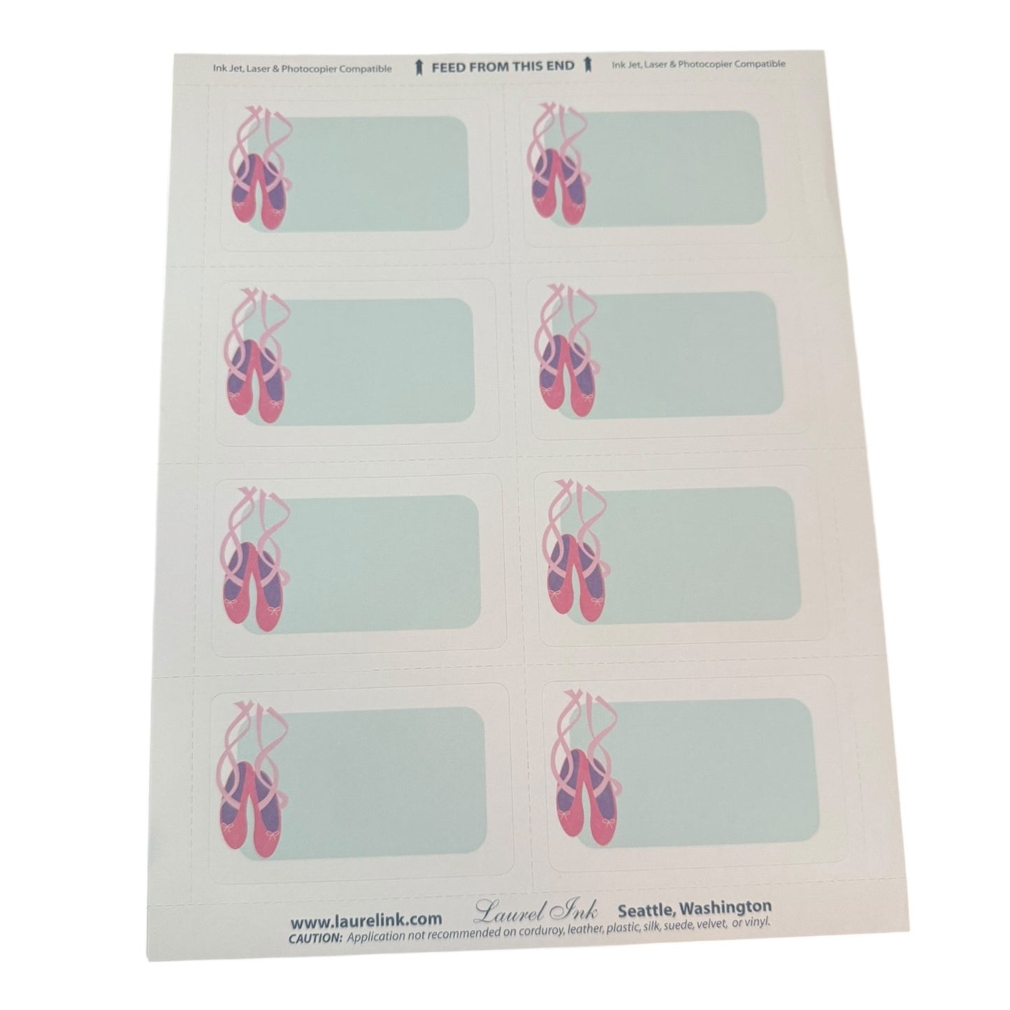 Sheet of blank cards with ballet slipper design on a white background