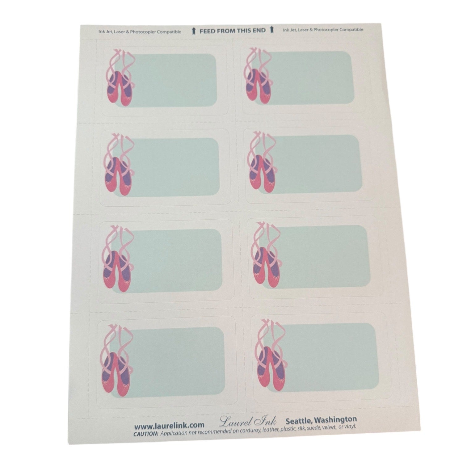 Sheet of blank cards with ballet slipper design on a white background