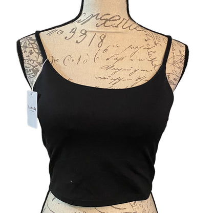 Front of Black tank bra with spaghetti straps on a mannequin with a script design.