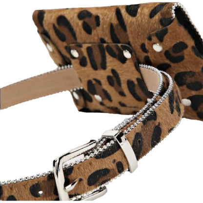 Leopard print belt with a silver buckle on a white background