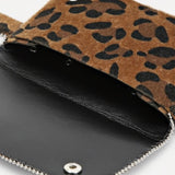 Leopard print bag with black interior and silver chain strap