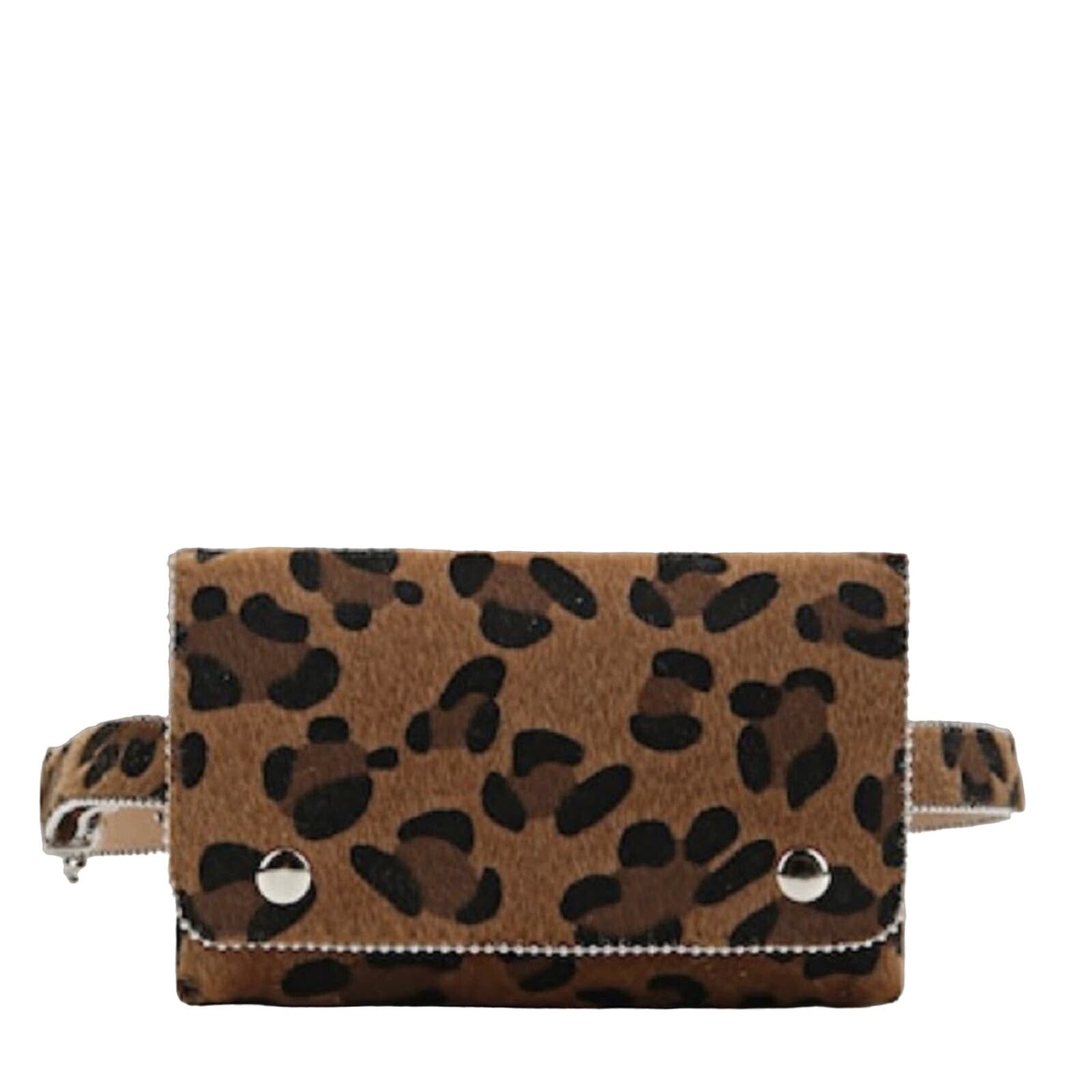 Leopard print waist bag with silver accents front on a white background