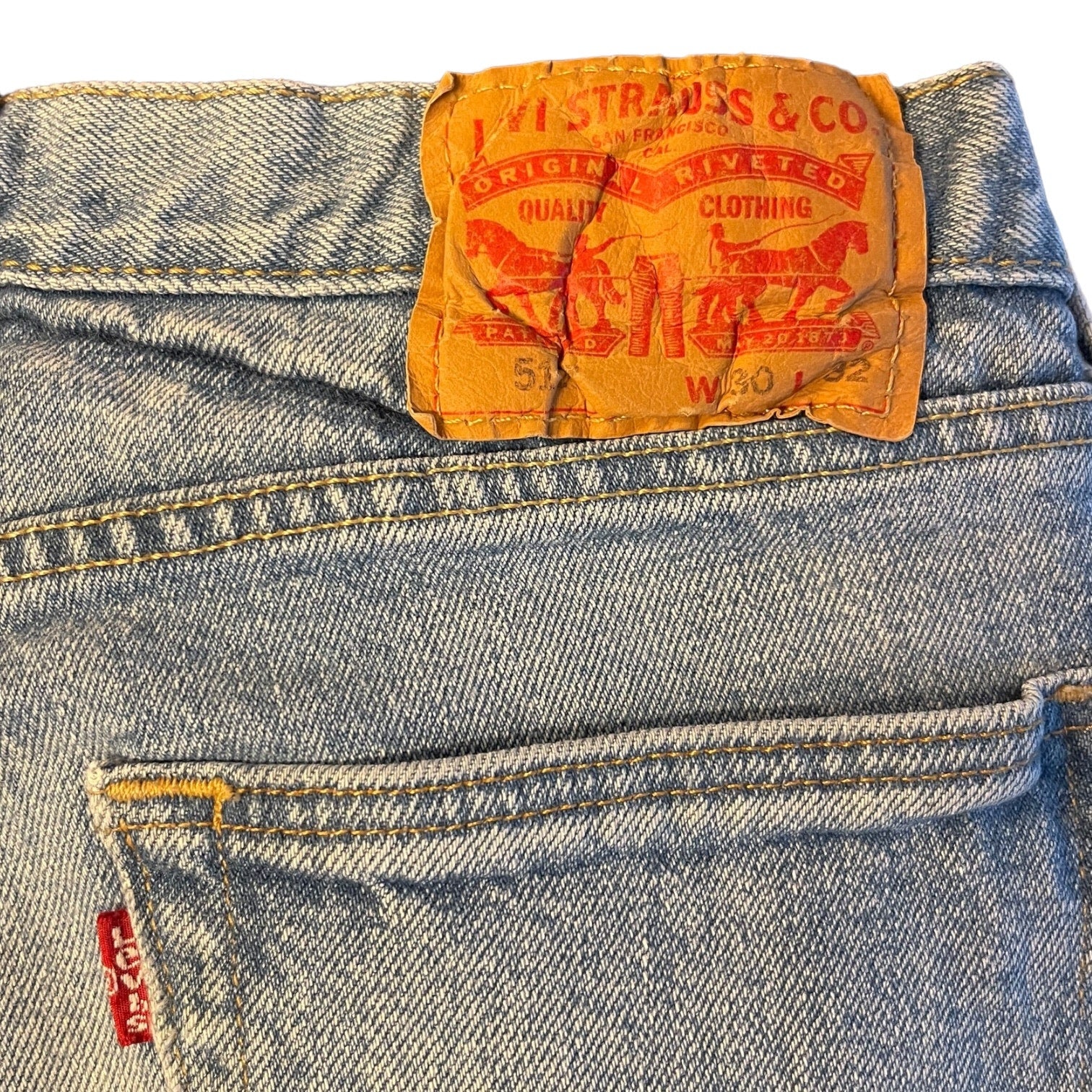 Close-up of Levi Strauss & Co. label on a pair of blue jeans.