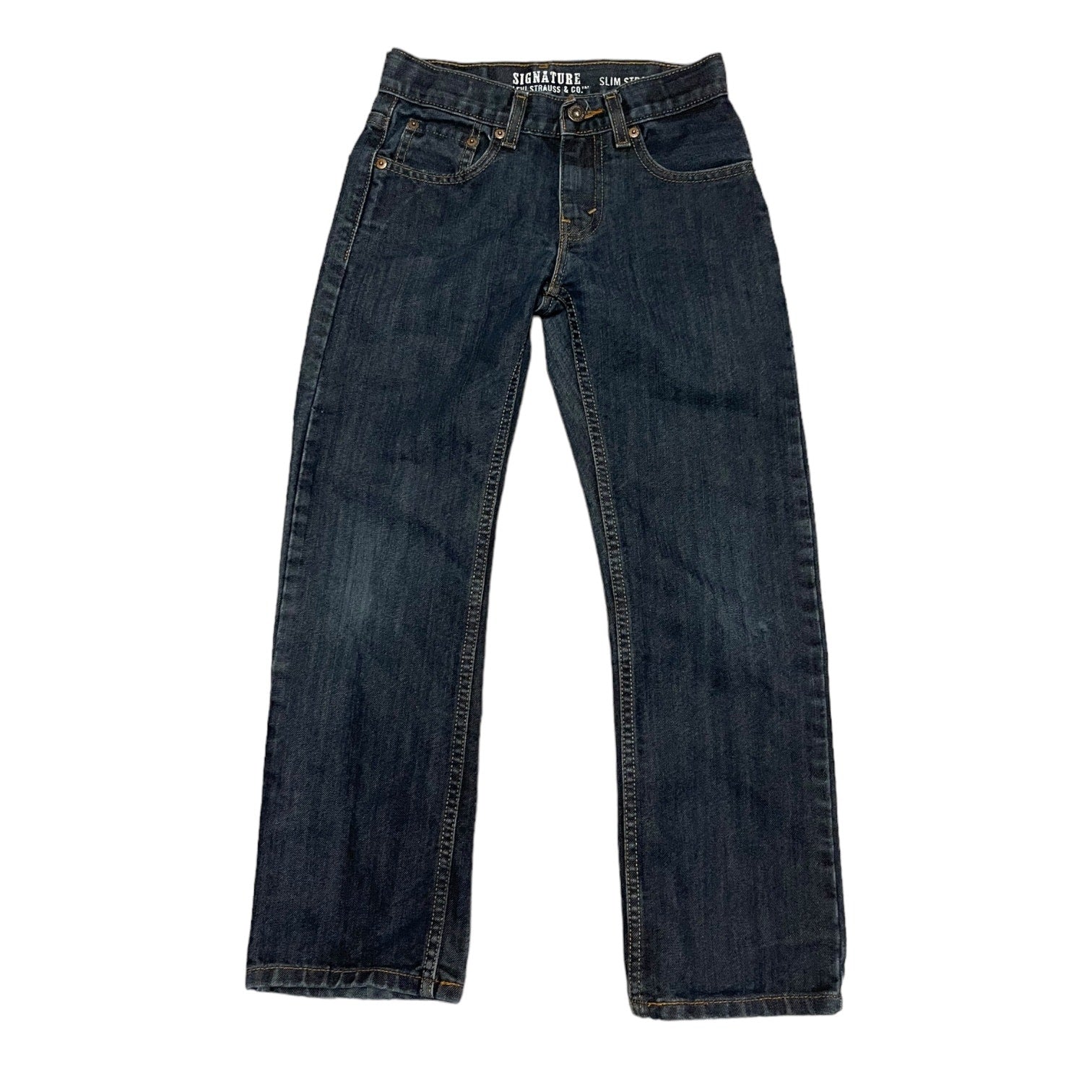 Front of a Pair of blue jeans on a white background