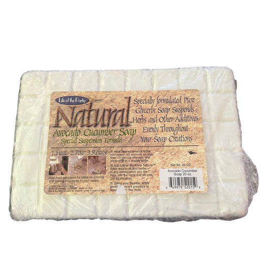A rectangular bar of Life of the Earth Natural Avocado Cucumber Soap, wrapped in clear plastic and featuring a detailed brown paper label on the front.