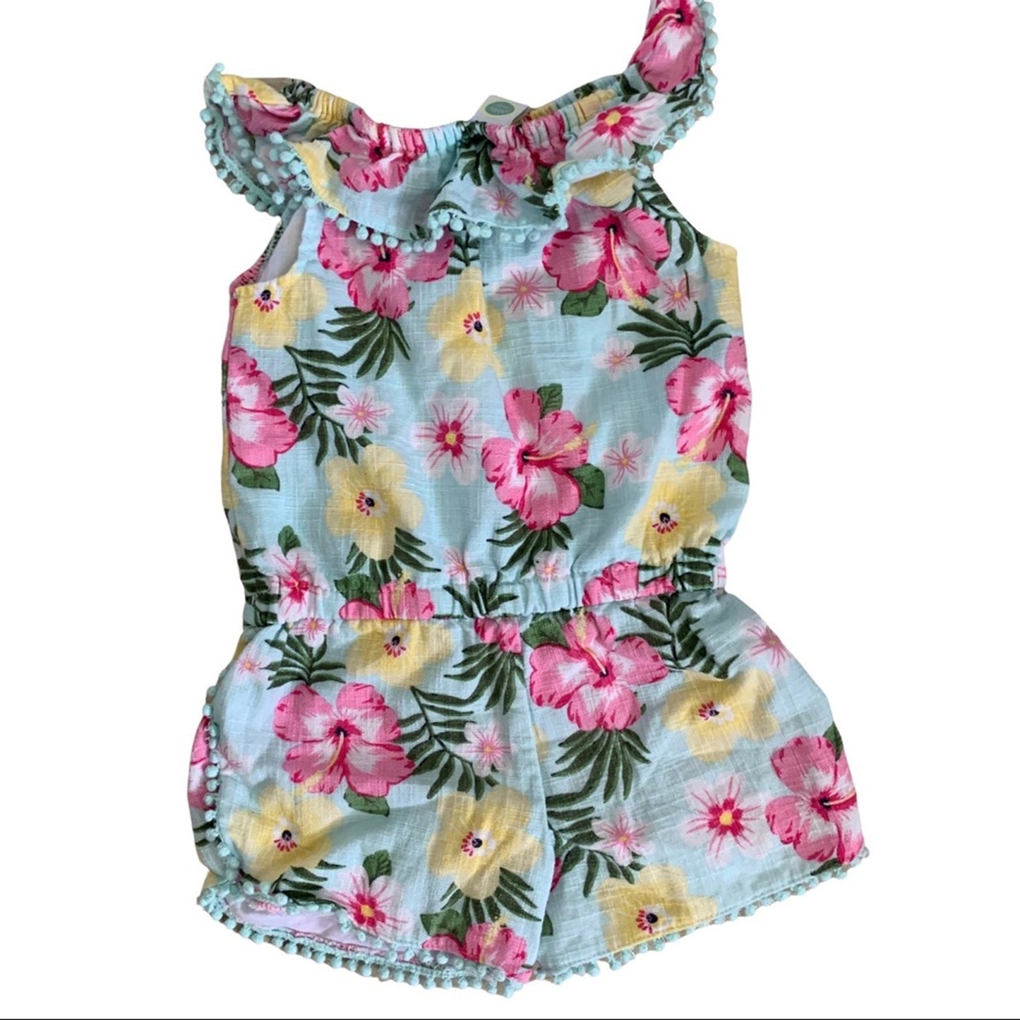 Back of Floral romper with pink and yellow flowers on a light blue background