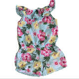 Back of Floral romper with pink and yellow flowers on a light blue background