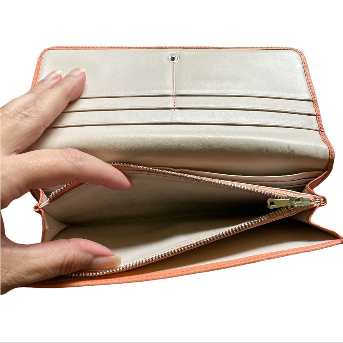 interior of wallet with the coin pocket being shown open on a white background. 