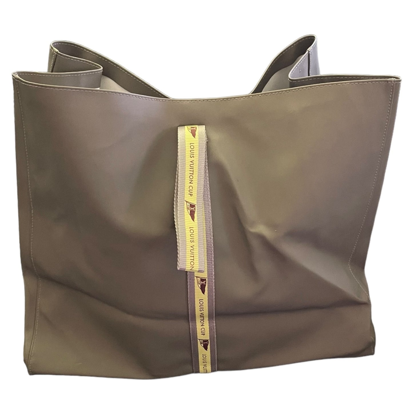 Front of grayish green tote bag with a visible brand label on a white background