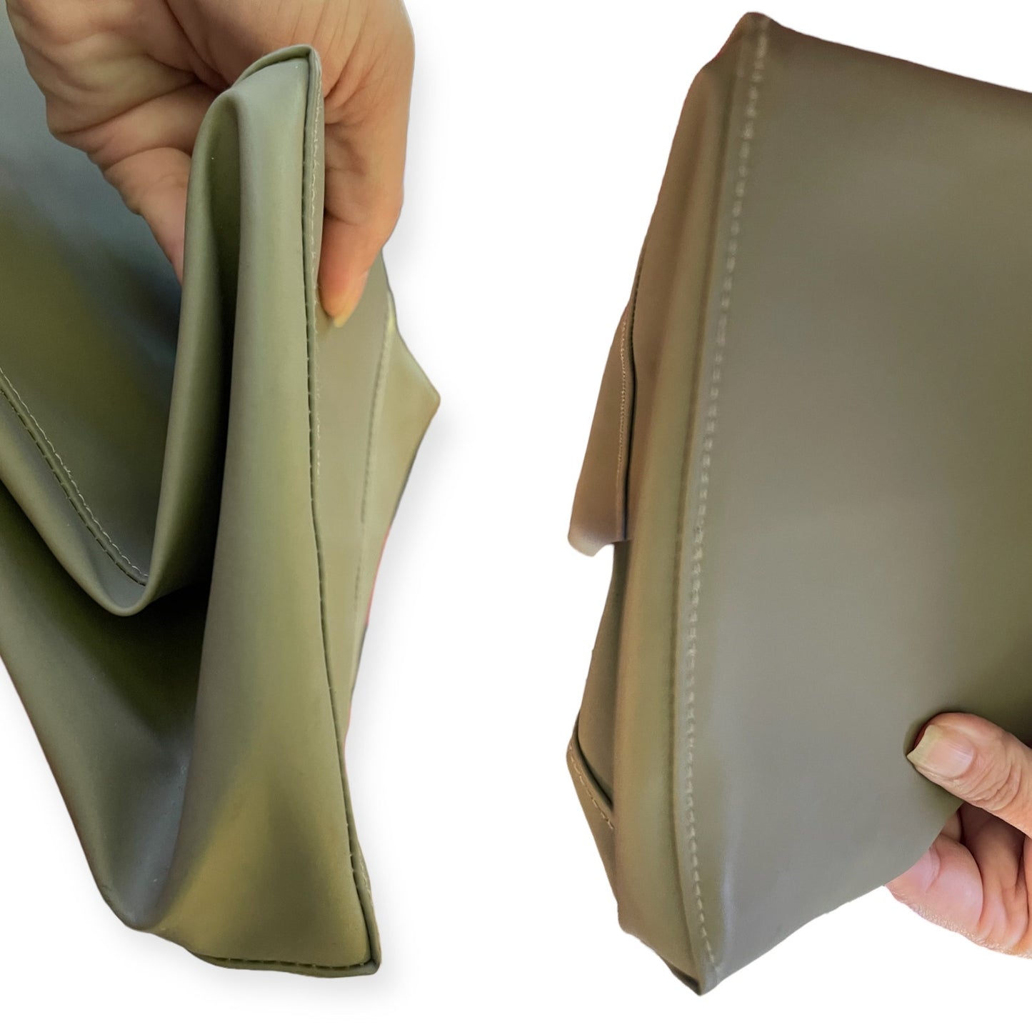Two hands holding a grayish green tote showing corner against a white background
