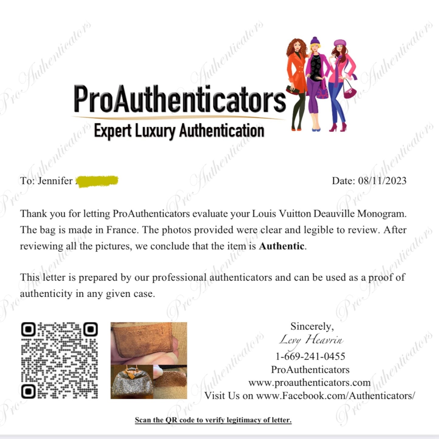 Authenticity verification letter from ProAuthenticators with contact information and QR code.