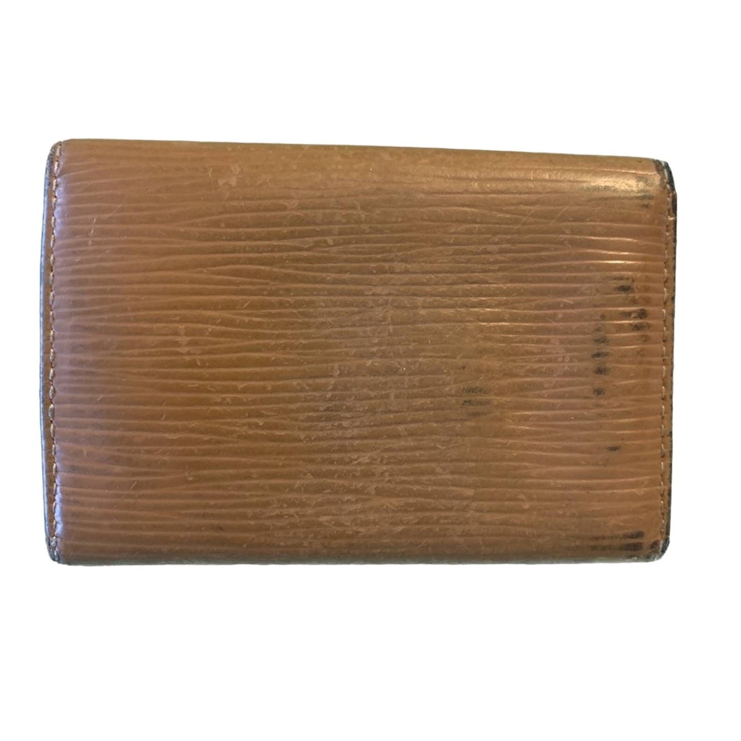 A  brown leather bifold key wallet with an embossed textured pattern, shown flat against a plain white background.