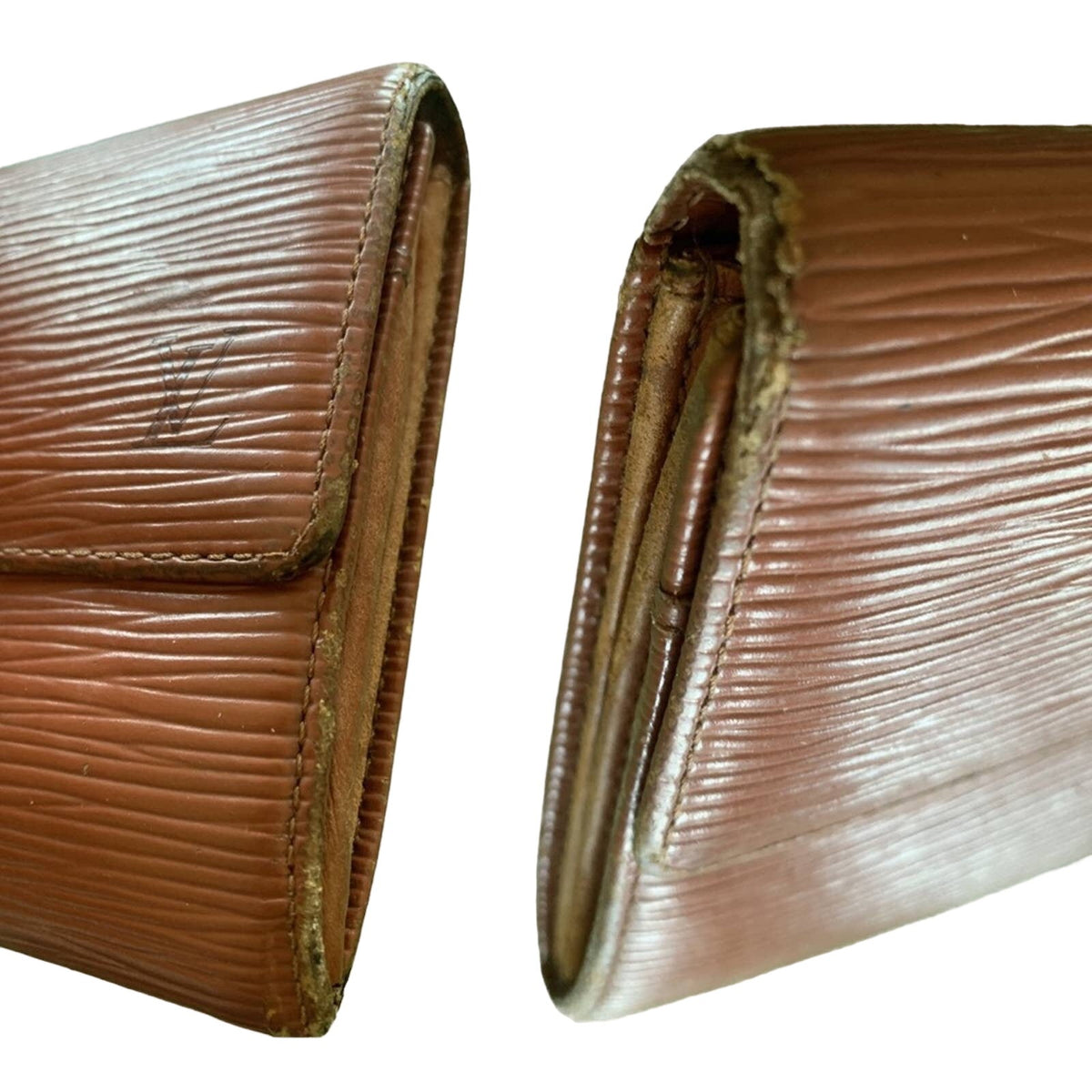 A close-up of a brown textured leather wallet edges shown from two angles, highlighting the grainy embossed pattern and the worn edges.