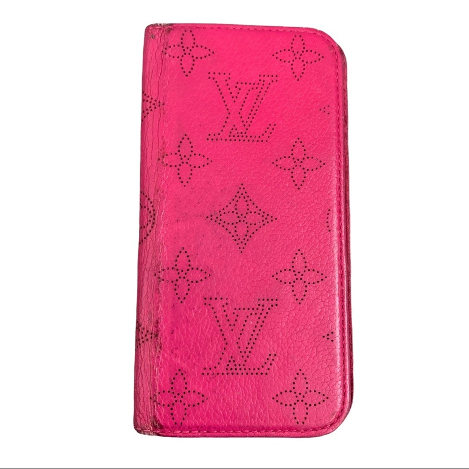 Pink phone case with floral and monogram pattern on a white background