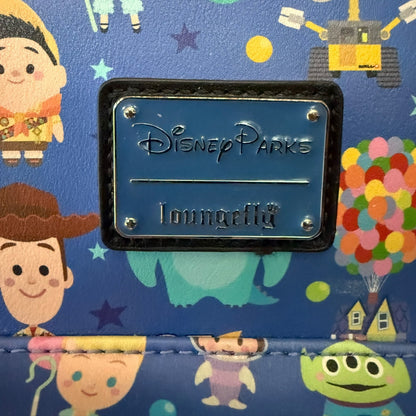 Disney Parks Loungefly logo on a colorful background with cartoon characters.