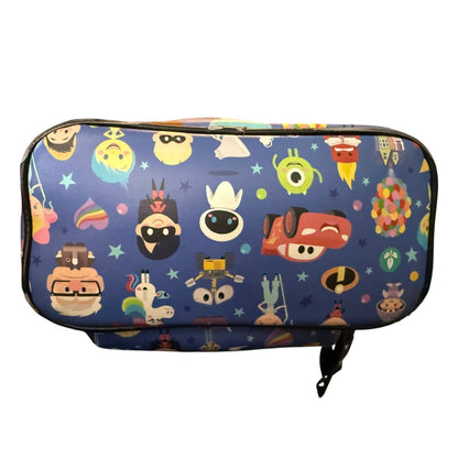 Bottom of blue backpack with cartoon character pattern on a white background