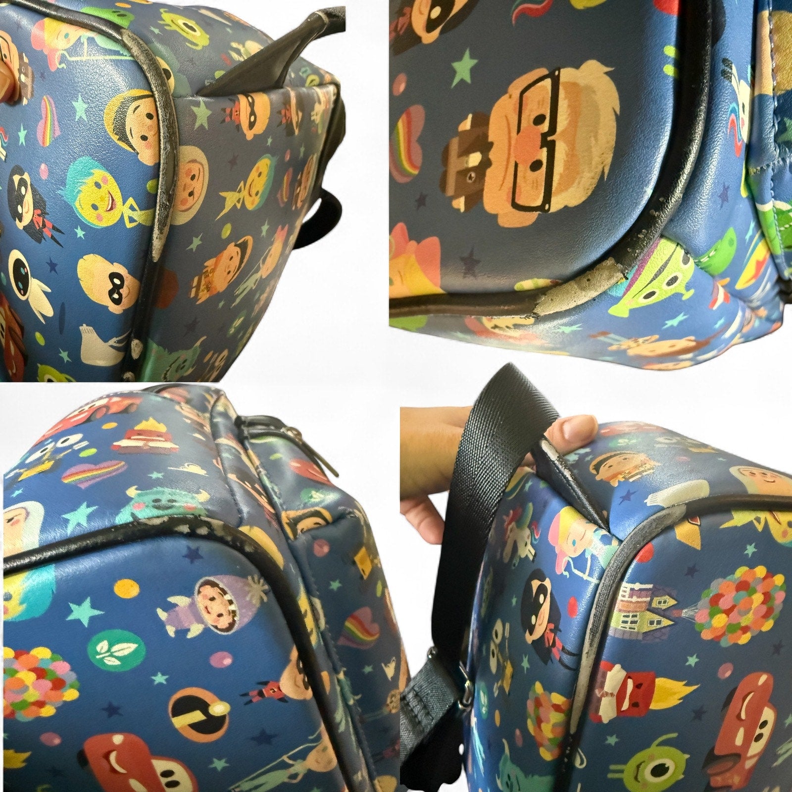 Colorful backpack corners with cartoon character pattern on a white background