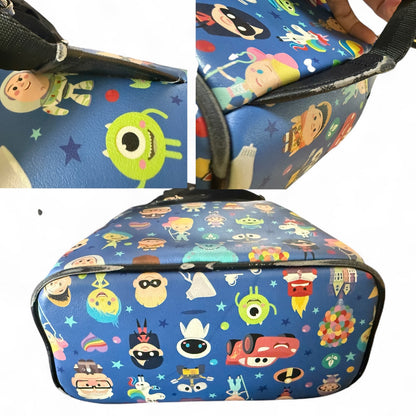 Backpack with colorful cartoon character pattern showing issues on a white background