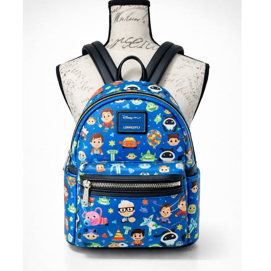 Blue backpack with cartoon character print on a mannequin bust