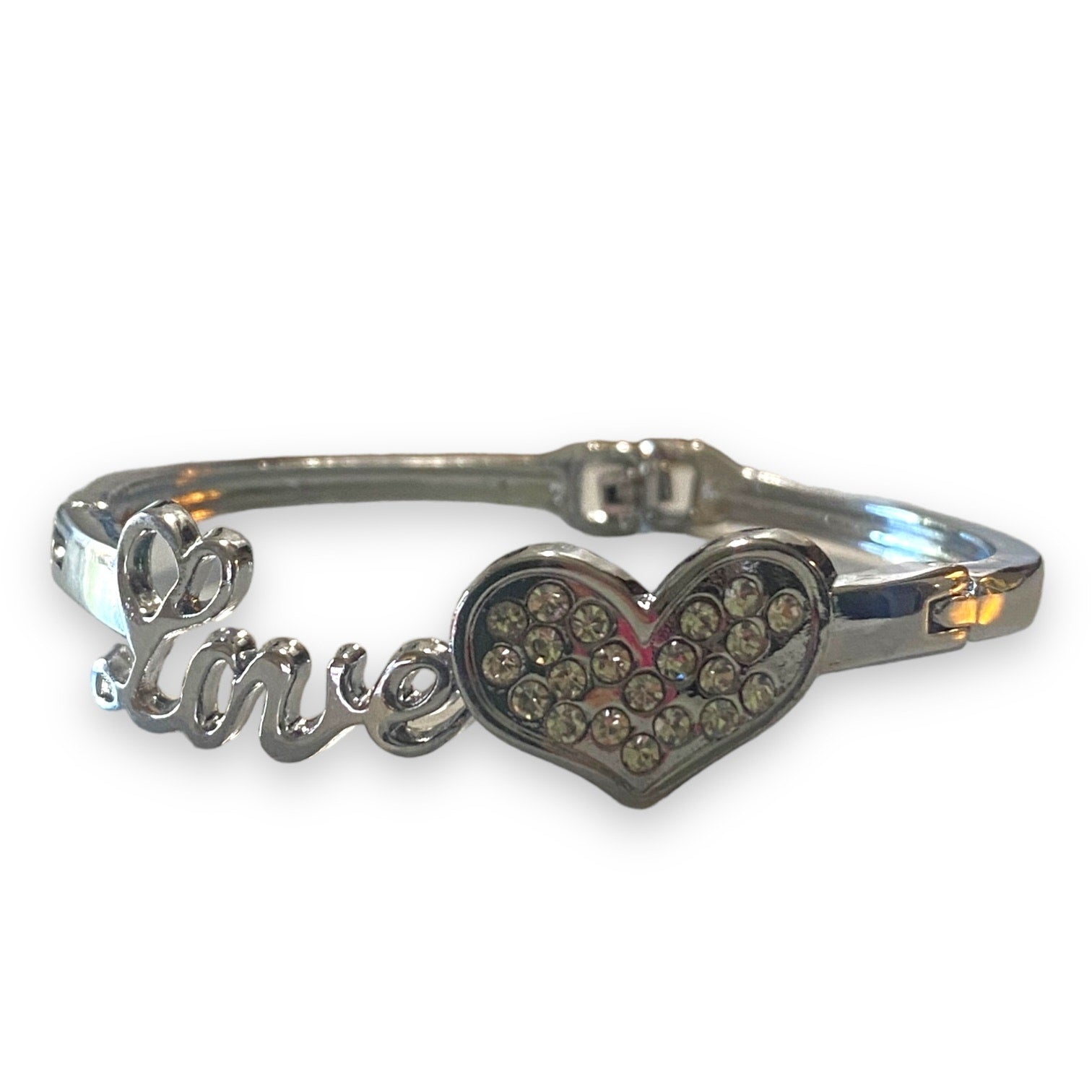Silver bracelet with 'Love' and heart design on a white background