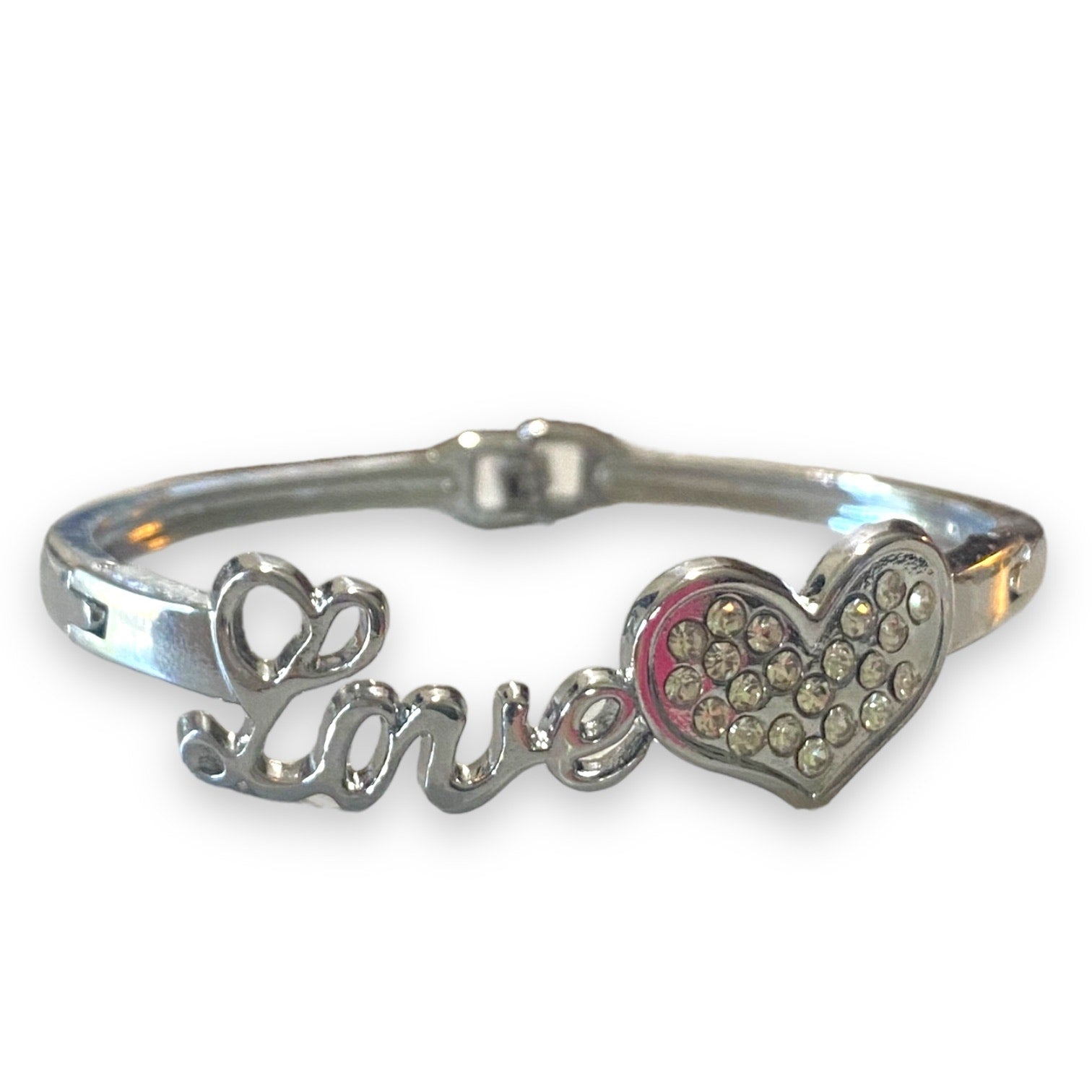 Silver bracelet with 'Love' and heart designs on a white background