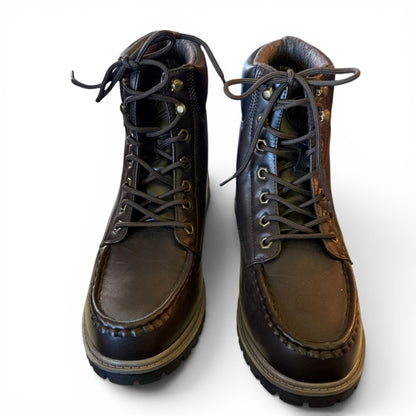 Pair of brown leather boots with black soles on a white background