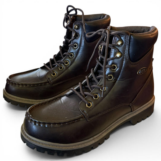 Pair of brown leather boots with laces on a white background