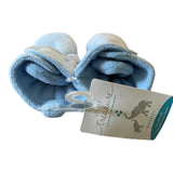 Pair of blue baby booties with a 'Little Treasure' tag on a white background