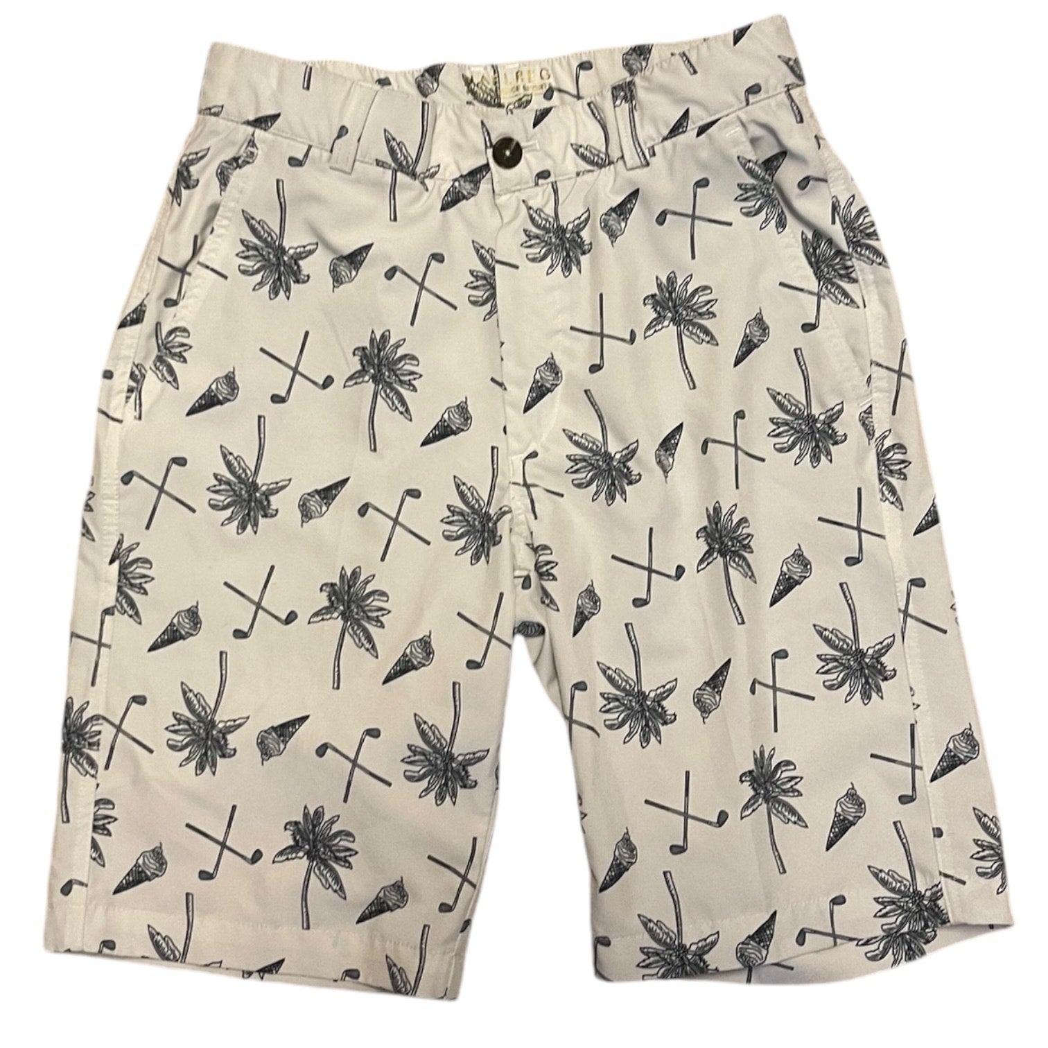 Beige shorts with palm tree and golf club pattern on a white background