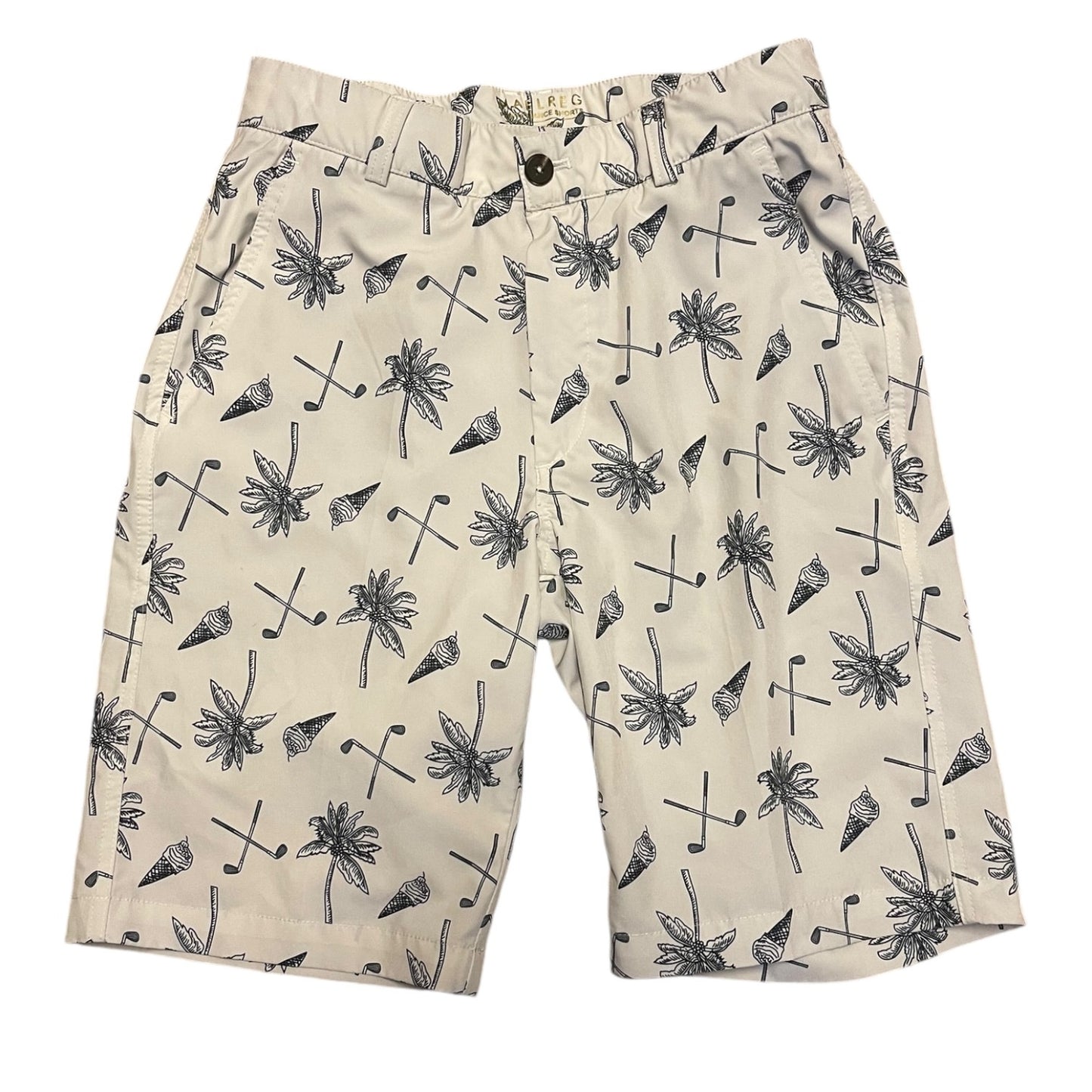 Beige shorts with golf club and palm tree pattern on a white background
