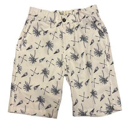 Beige shorts with golf club and palm tree pattern on a white background