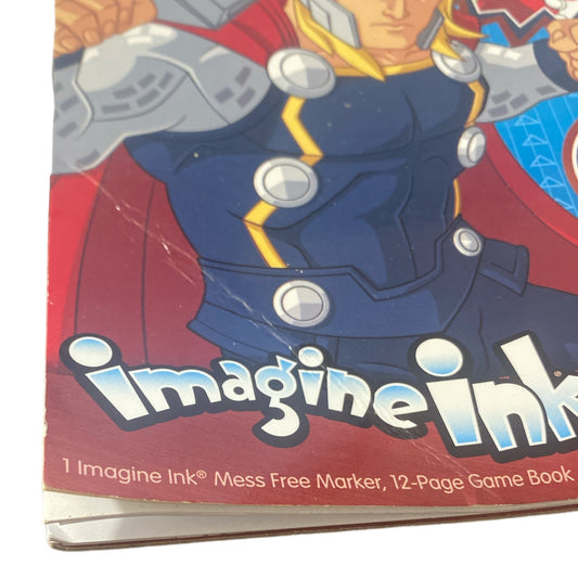 Book cover with superhero illustration and 'Imagine Ink' branding with damage