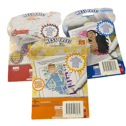 Back of Three coloring books with markers and stickers on a white background