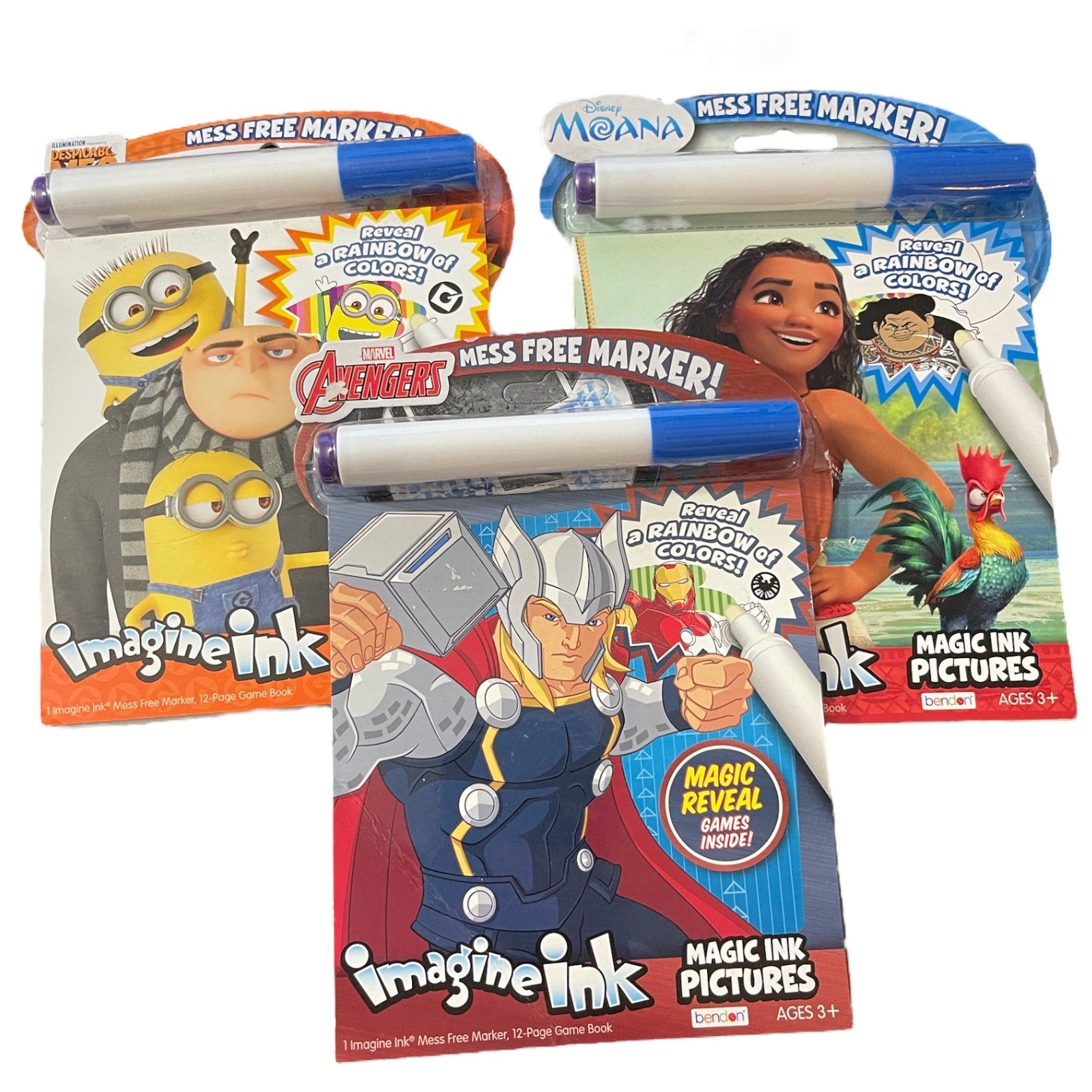 Front of 3 packages of imagineink mess free markers featuring superhero and cartoon characters on a white background.