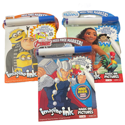 Front of 3 packages of imagineink mess free markers featuring superhero and cartoon characters on a white background.