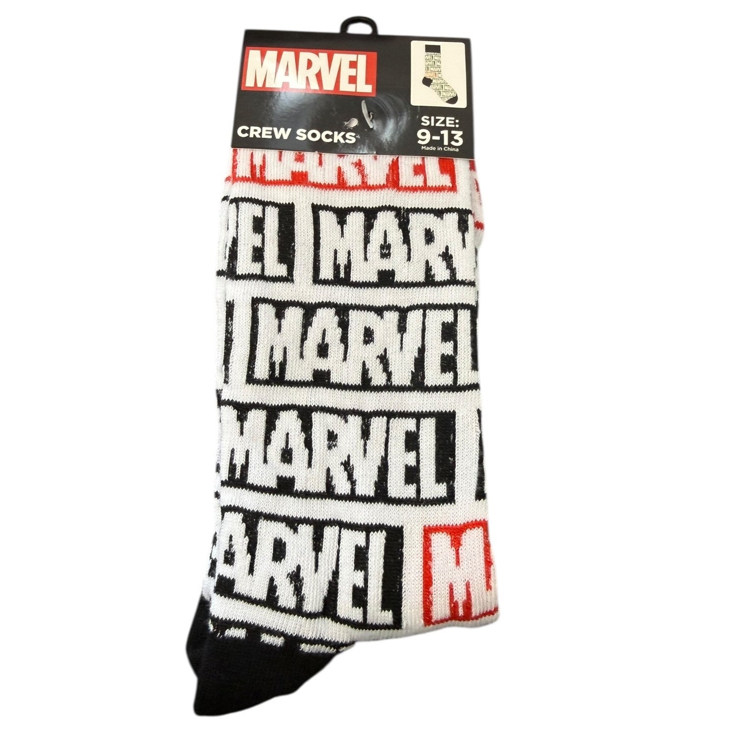Marvel socks with branding on a white background