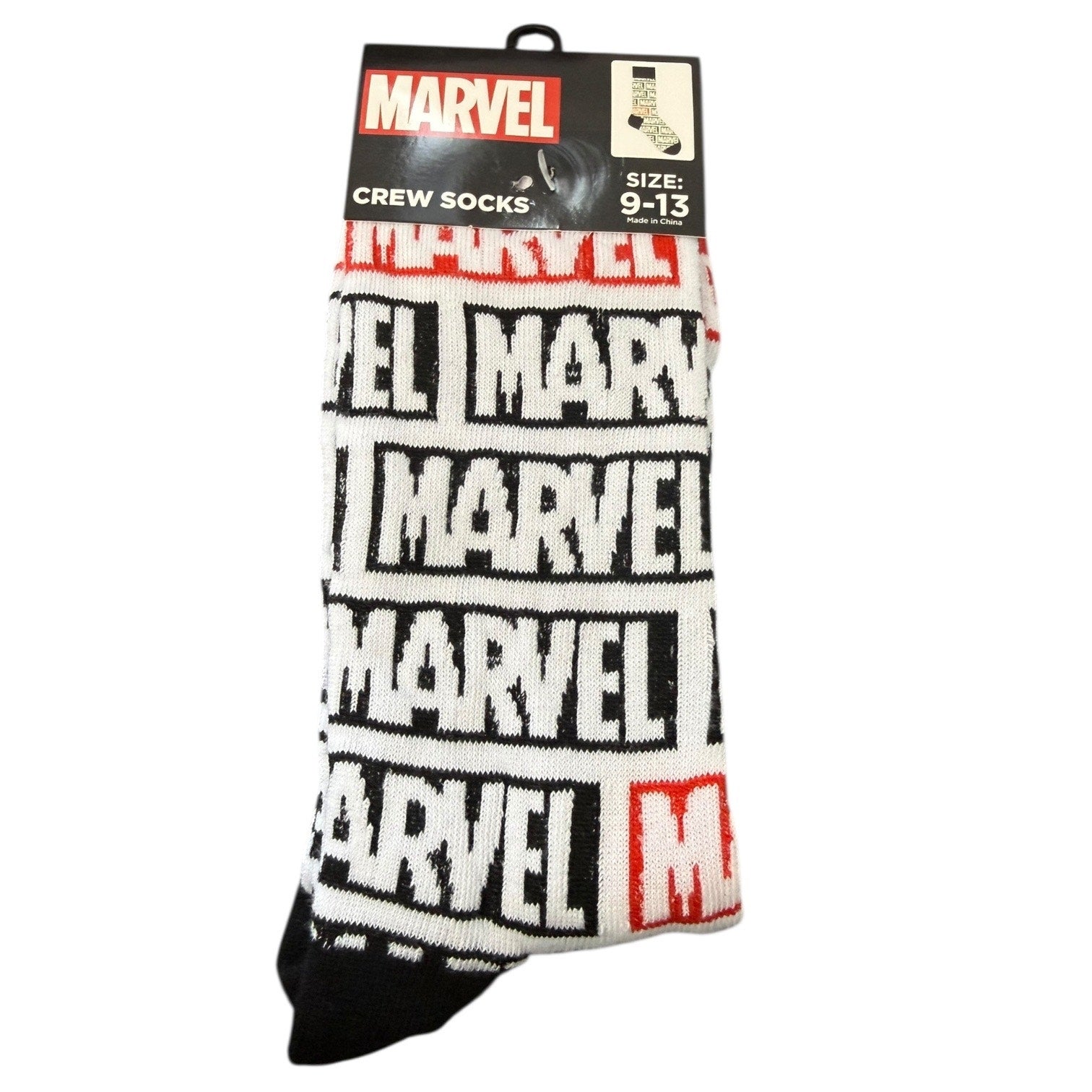 Marvel socks with branding on a white background