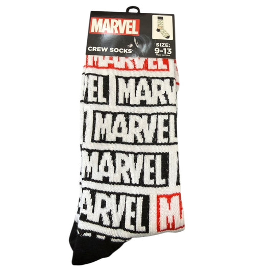 Marvel socks with branding on a white background
