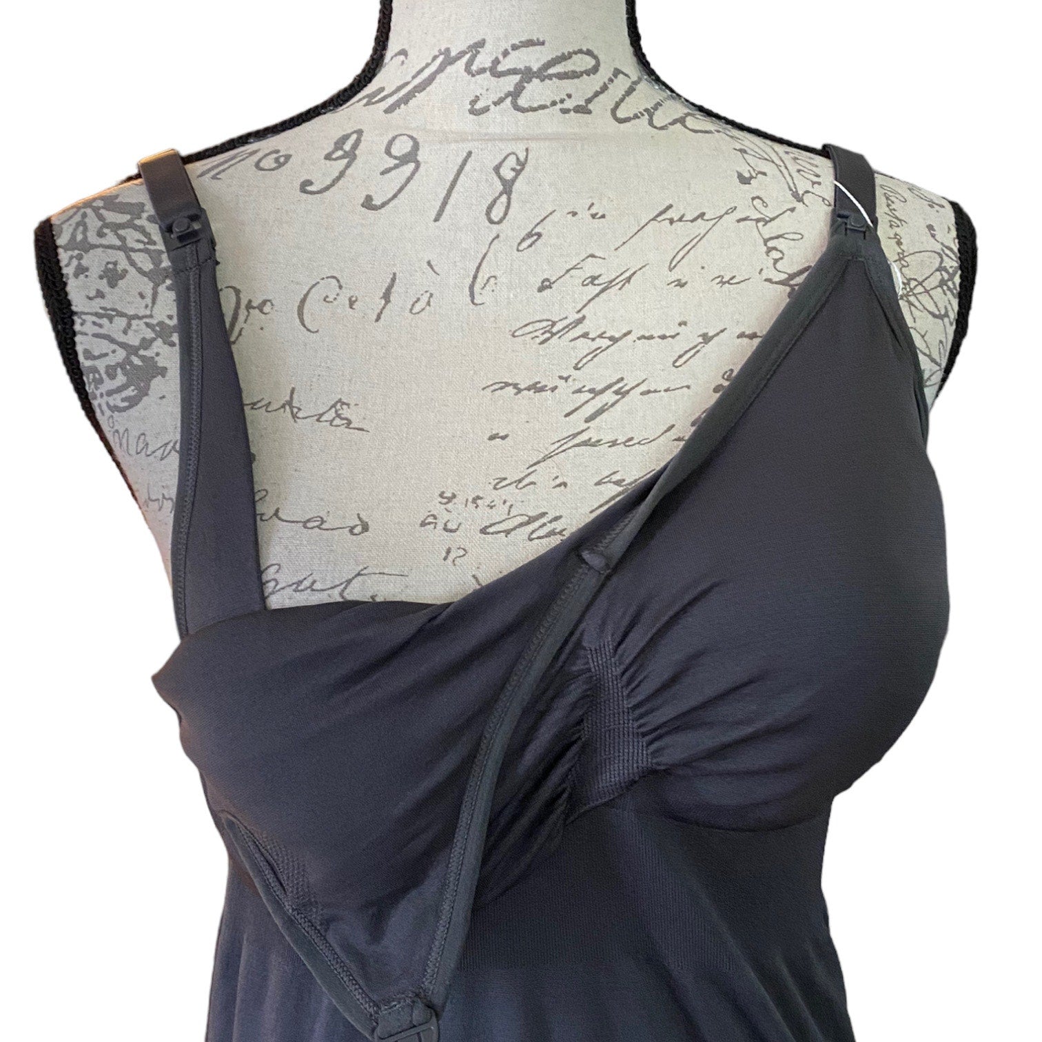 Gray tank top showing how it pulls down to nurse