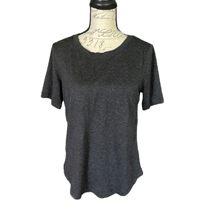 Front of Dark gray t-shirt on a mannequin with a white background