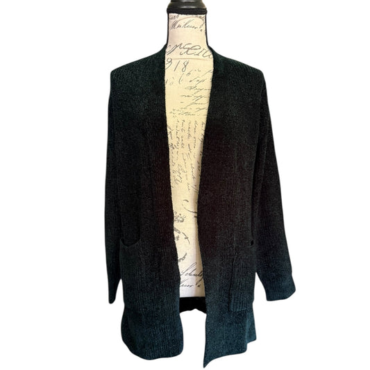Front of Dark gray cardigan on a mannequin with a white background