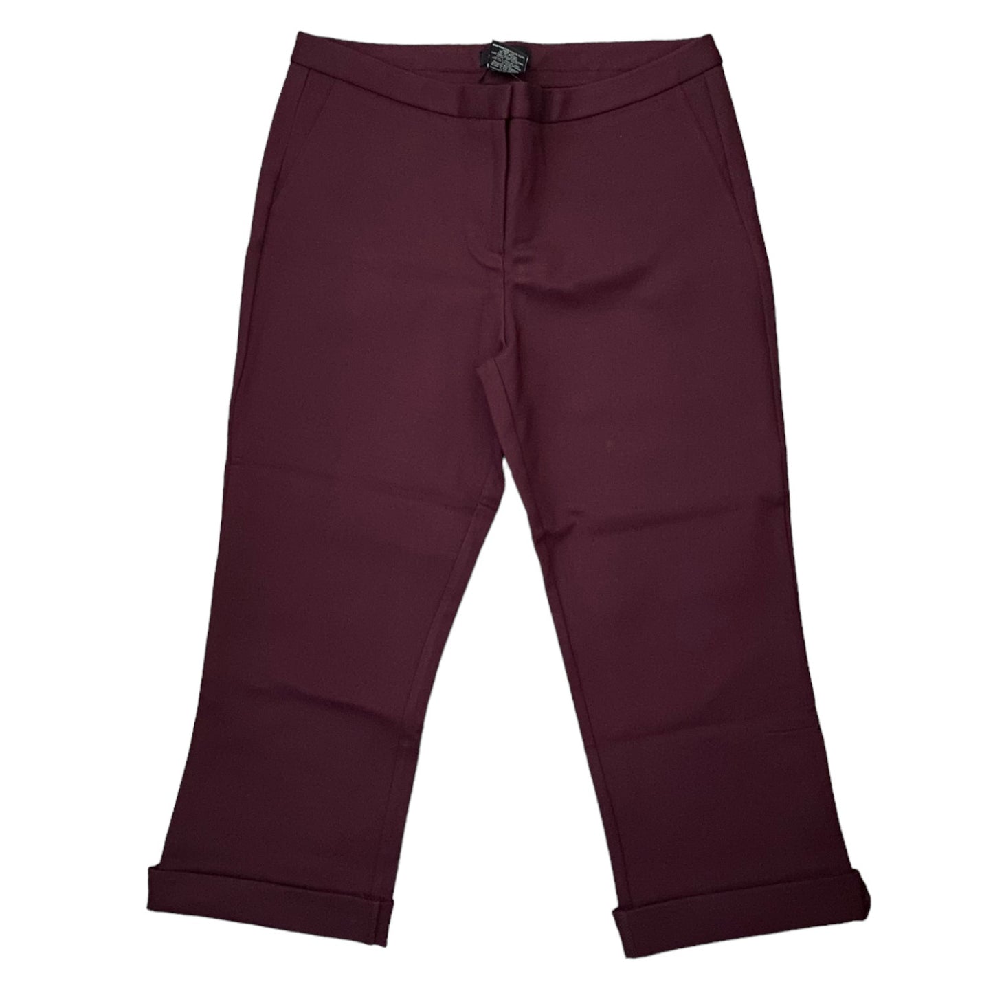 A pair of women's capri pants in a deep burgundy color, shown flat against a plain white background.