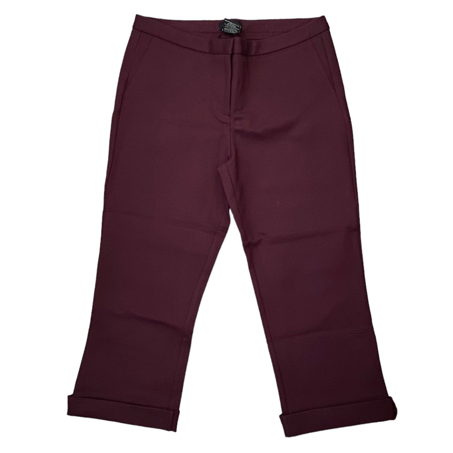 A pair of women's capri pants in a deep burgundy color, shown flat against a plain white background.