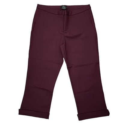 A pair of women's capri pants in a deep burgundy color, shown flat against a plain white background.