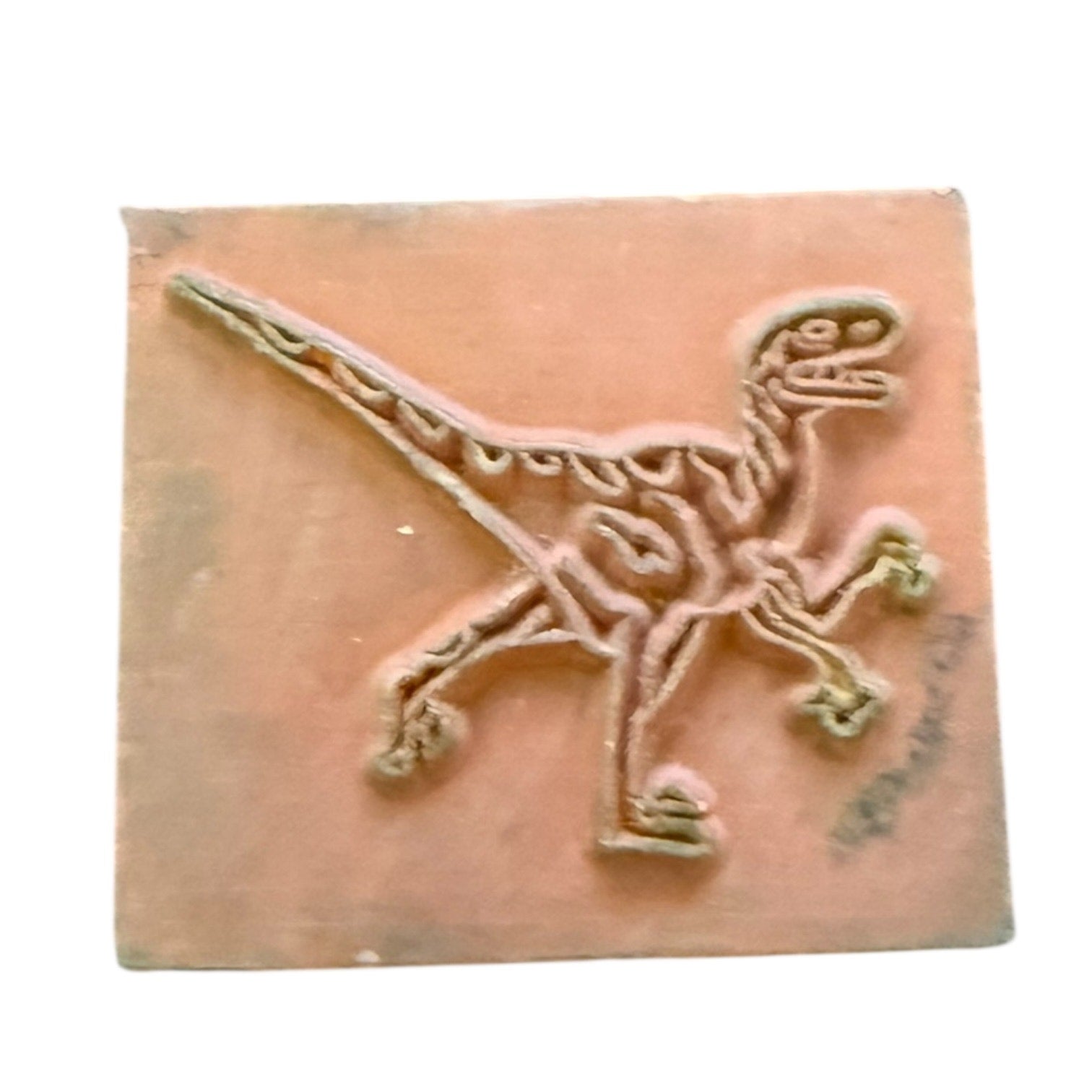 Decorative stamp with a dinosaur design on a peach-colored background